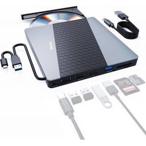 Lecteur CD DVD externe, USB 3.0/USB C, Hub USB 3.0/2.0, Carte SD/TF, Compatible Windows 11/10/8.1/8/7/Vista/2003/XP/2000, Linux, Mac 10 - Neuf