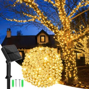KAL-Guirlande Lumineuse Exterieure, 12M 120Led Guirlande Lumineuse Solaire Mperméable, 8 Modes Guirlande Solaire Exterieur Pour La Décoration D'Extérieur, De Fêtes, De Soirées, Blanc Chaud - Neuf