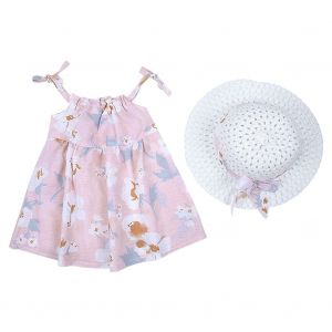 Robe D'ete Une Piece Sans Manches Avec Chapeau De Paille Pour Bebe Fille (Rose 70) - Neuf