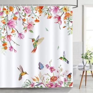 Rideau de Douche Colibri Coloré-Fleur Printemps Aquarelle,Tissu Polyester Anti-Moisissure Imperméable Lavable pour Salle de Bain-180 x 180 cm avec 12 Crochets pour Baignoire - Neuf