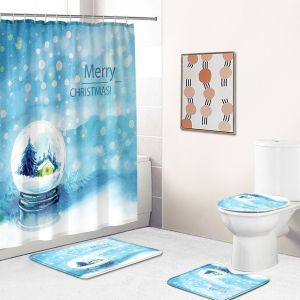 Ensemble de 4 No&euml;l Sc&egrave;ne de Neige Rideaux de Douche avec antid&eacute;rapant Tapis, Toilette d'un Couvercle et Tapis de Bain, Boule de Cristal de No&euml;l Rideaux de Douche avec 12 Crochets, No&euml;l Rideau de Dou - Neuf