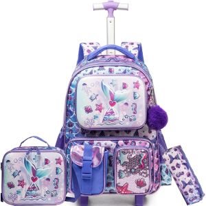 KALANKA-Cartable Fille Primaire Roulette cp, Sirene Cartable Primaire Sac Trolley avec Sac Repas Trousse à Crayons Sac à Dos à Roulette Cartable Fille ce1 - Neuf