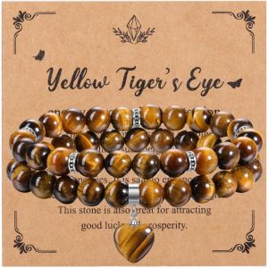 Eryi-2pcs Bracelets Pierre Naturelle Perles 8mm Avec Pendentif Du Coeur Pour Femme Fille, Bracelet Elastique Yoga Chakra Bracelet Porte Bonheur Cadeau Anniversaire Amitié Valentine - Neuf