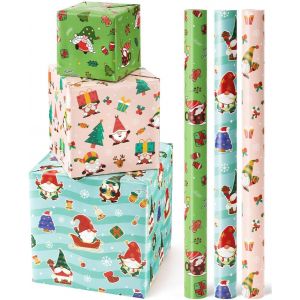 Trahoo-Rouleaux De Papier Cadeau De No&euml;l &iquest; 3 Rouleaux De 43 X 305 Cm Rouleaux Papier Emballage Gnome De No&euml;l Papier Cadeau Noel Vert Papier Cadeau Noel Enfant Anniversaires D&eacute;corations De Cadeaux - Neuf