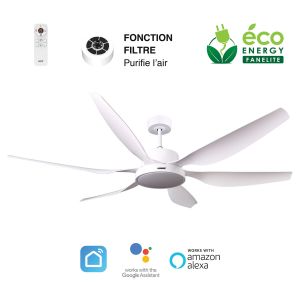 Fanelite - Ventilateur de plafond 168 cm blanc RANGIROA - Moteur DC 55W - LED 22W dimmable 3 couleurs - Tr&egrave;s silencieux + PURIFICATEUR D'AIR INCLUS - Neuf