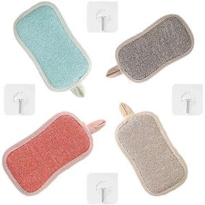 Éponge à vaisselle lavable,éponge à récurer antibactérienne en microfibre,tampons réutilisables avec 4 crochets adhésifs (éponge 4 pièces) - Neuf