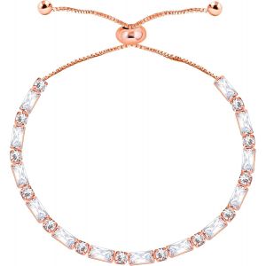 Bracelet Baguette Plaqu&eacute; Or Rose Avec Cha&icirc;ne Coulissante Bolo R&eacute;glable En Oxyde De Zirconium Pour Femme - Neuf