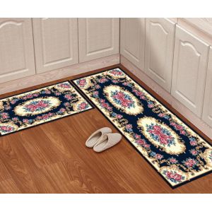 Lot de 2 tapis de sol de cuisine antidérapants en velours cristal, imperméables et résistants à l'huile, lavables (bleu) - Neuf