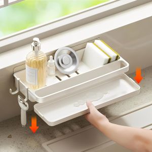 LORANKA-Porte Support Eponge Evier Cuisine, Auto-adh&eacute;sif Rangement Eponge Cuisine en Plastique, Organisateur D'&eacute;vier avec Bac de Vidange, Amovible &Eacute;gouttoir &agrave; &Eacute;ponge pour Brosse Torchons Liquide Vais - Neuf