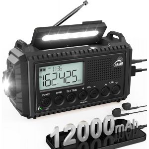 Radio d'urgence solaire &agrave; main avec AM/FM, radio portable &agrave; batterie 12000 mAh, radio &agrave; transistor &agrave; remontage avec chargeur de t&eacute;l&eacute;phone, alarme SOS, lampe de poche de survie - Neuf