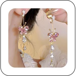 Kalhx-Boucles D'oreilles Pendantes Papillon En Cristal Rose Dor&eacute; Boucles D'oreilles Longues En Cz Boucles D'oreilles Strass Rose Boucles D'oreilles Chandelier Mariage Bijoux Pour Femmes - Neuf