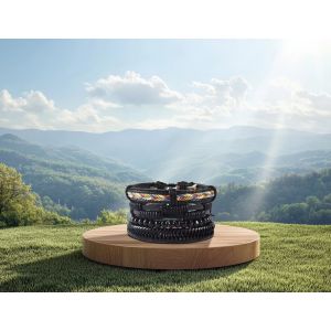 Bracelet En Cuir Noir Avec Perles Bois Et Tresse De Couleurs - Neuf