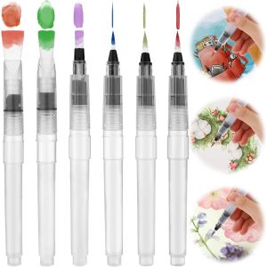 Lot De 6 Stylos Pinceaux &Agrave; Eau Rechargeables 3 Pi&egrave;ces &Agrave; Pointe Et 3 Pinceaux &Agrave; Pointe Plate Pour Aquarelle, Calligraphie, Lettrage - Neuf