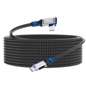 TRAHOO-C&acirc;ble USB-C vers USB-C 5m,[240W 48V/5A] C&acirc;ble de charge rapide PD3.1 en nylon tress&eacute; &agrave; angle droit &agrave; 90 degr&eacute;s pour iPhone 16/15/Pro Max,Galaxy S24/S23,MacBook Pro/Air,Pro/Air/Mini/Switch - Neuf