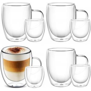 Mevronisshop-8 Tasses À Café Et Tasses En Verre À Double Paroi 4x350ml+4x80ml, Tasses À Cappuccino Avec Latte Macchiato, Résistant À La Chaleur, Passe Au Lave-Vaisselle (8 Verres) (4x350ml+4x80ml) - Neuf