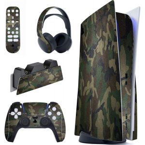 PlayVital Autocollant Skin pour ps5 Manette,Sticker pour ps5 Console Disc Edition & Station de Charge & Casque & T&eacute;l&eacute;commande-Camouflage Vert Arm&eacute;e - Neuf