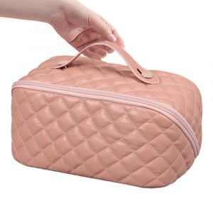 Trousse de toilette de voyage pour femme, organisateur de toilette en cuir PU avec plusieurs poches de rangement et poign&eacute;e amovible - Neuf