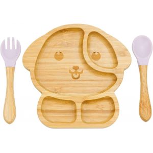 Kal-Ventouse Pour Bébés, Set Bébé Assiette Et Couverts Avec Base Solide En Silicone Amovible, Vaisselle Bébé De Haute Qualité,Cadeau Enfant Sans Bpa (Chiot_Rose) - Neuf