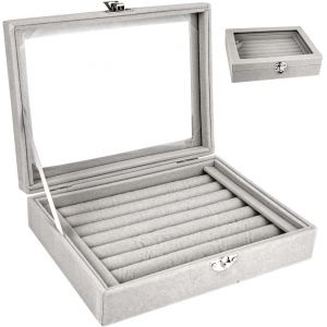 Pr&eacute;sentoir &Agrave; Bagues En Velours Gris Avec Couvercle, Bo&icirc;te De Rangement Portable Pour Bagues, Bracelets, Boucles D'oreilles Et Bagues. - Neuf