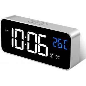 R&eacute;veil num&eacute;rique avec affichage de la temp&eacute;rature, horloge miroir rechargeable par USB pour chambre ou bureau, fonction snooze, 3 volumes r&eacute;glables, 4 niveaux de luminosit&eacute;, 2 alarmes avec 13 m&eacute;lodi - Neuf