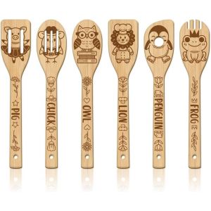 Kal-6 Pièces Ensemble De Ustensiles En Bois Avec Motifs D'animaux Mignons Sculpture En Bambou Cuillères De Cuisine Spatules Gravées Pour Mère Femmes Cadeau De Pendaison De Crémaillère Amusant - Neuf