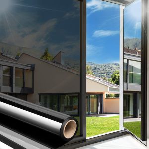 Arthome À Sens Film Fenetre Anti Regard Maison Film Miroir Bloquant Les Uv Film Non Adhésif Pour Le Contrôle De Chaleur Film De Verre Réfléchissant Pour Maison Et Bureau, 44,5cmx200cm,Noir Argenté - Neuf