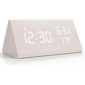 Réveil numérique en bois,horloge numérique avec répétition/date/température et humidité - Blanc - Neuf