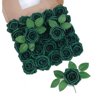 25 Pi&egrave;ces Roses Artificielles Fleurs Vertes Fausses Roses T&ecirc;tes de Roses en Mousse au Toucher R&eacute;el pour Bouquets de Mari&eacute;e de Mariage Centres de Table Arrangement Floral F&ecirc;te D&eacute;coration - Neuf