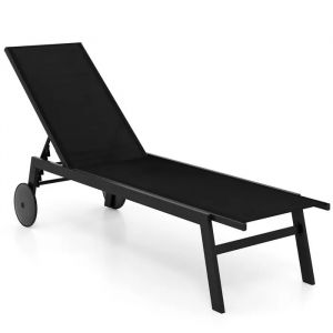 Costway Chaise Longue De Jardin Avec Roulettes, Dossier R&eacute;glable En 6 Positions, Pour Piscine, Terrasse Et Jardin Noir - Neuf