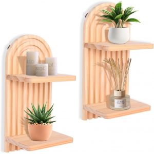 Lot de 2 &eacute;tag&egrave;res murales en bois - Style boh&egrave;me - D&eacute;coration pour chambre &agrave; coucher - Charge maximale : 40 kg - D&eacute;coration boh&egrave;me pour salon, salle de bain, bureau et cuisine - Neuf