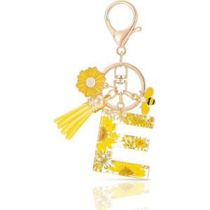 KAL-Letter Keychains Initiale Lettre Porte Clef Lettre,Alphabet Initial Keyring Avec Pampille Pendentif,Jaune Pétales Feuille D'Or Key Ring Pour Femmes Filles Portefeuilles Sac À Main Charme - Neuf
