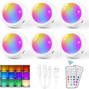 Lampe De Placard Rechargeable Usb Lampe Led Veilleuse Sans Fil Rgb 13 Couleurs Avec Télécommande Spot Led Pour Armoire, Vitrines, Couloir, Chambre, 6 Pièces - Neuf