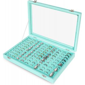 Sjzg-Plateau De Rangement De Bagues En Velours Avec Couvercle Transparent - 100 Emplacements Pour Bijoux - Pr&eacute;sentoir &Agrave; Bagues Pour Femme (Turquoise) - Neuf