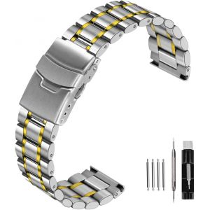 Bracelet En Acier Inoxydable-20 Mm-22 Mm-Argent Et Or-Pour Homme Et Femme-Coude Droit-Double Boucle D&eacute;ployante-Boucle D&eacute;ployante De S&eacute;curit&eacute;-Argent Et Or - Neuf