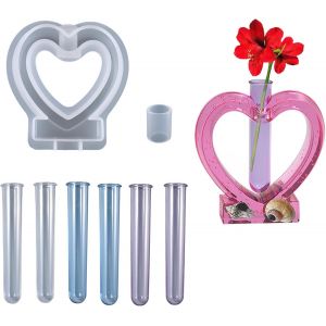 Tube &Agrave; Essai Vase &Agrave; Fleurs Moule En R&eacute;sine, Vase En R&eacute;sine Moule En R&eacute;sine Pour Station Avec 6 Pcs Tubes &Agrave; Essai Pour Les Plantes Hydroponiques, D&eacute;cor De Bureau &Agrave; Domicile, Forme De Coeur - Neuf