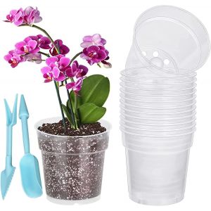 ERYI-Lot De 20 Pots À Orchidées 11,5Cm, Kit De Rempotage D'Orchidées, Pot De Fleurs Transparent Avec Trous De Drainage, Transparent En Plastique Et Mini Kit D'Outils De Jardinage - Neuf