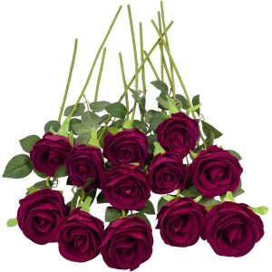 12 Pi&egrave;ces Texture Velout&eacute;e Rose Artificielle, Fleurs Artificielles avec Tige Simple de 18.89 Pouces, Bouquet Fausses Rose pour Maison, Jardin, F&ecirc;te, Bouquet de Mariage, Bureau.(Rouge Fonc&eacute;) - Neuf