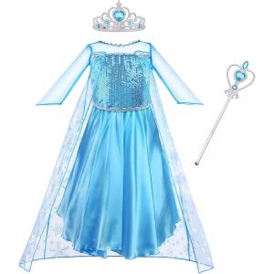 EHNGA-Robe Elsa Enfant de Princesse, Robe Princesse Elsa, Deguisement Elsa Reine Des Neiges, avec Accessoires de Baguette Magique Princesse Couronne, 6 Costumes Différents Size - Neuf