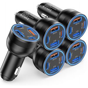 5-Pack Zigarettenanz&uuml;nder Ladeger&auml;t, 65W 4 Ports kfz Ladeger&auml;t 12v USB C Rapide Adaptateur Voiture, PD3.0 et QC3.0 Chargeur Allume Cigare Prise Secteur pour iPhone 16 15 Pro Max, iPad,Samsung S25 S24 - Neuf