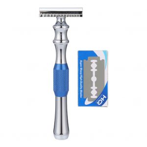 Rasoir Classique A Double Tranchant Pour Homme Avec Base De Rasage De Securite (Lame Bleue) - Neuf