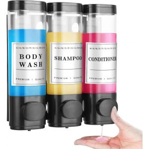 Distributeur de Savon Mural,300ml*3 Distributeur Gel Douche,Distributeur de Shampooing et d'Après-Shampooing,sans Perçage,Grande Capacité,pour Salles de Bain,Cuisine,Hôtels,Noir - Neuf