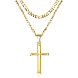 Kal-Croix Pendentif En Argent Sterling 925 Pour Homme Et Femme Avec Cha&icirc;ne Cubaine En Acier Inoxydable De 5mm Et Cha&icirc;ne En Bo&icirc;te Collier Croix Or/Argent Pour Homme Bijoux 46-56cm - Neuf