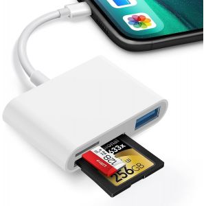 Lecteur de Carte SD pour iPad iPhone, 3 en 1 Lecteur de Carte SD/Micro SD pour iPhone avec Port USB, Adaptateur Carte de Caméra SD/TF Lecteur de Cartes pour iPhone 14/13/12/11, Plug and Play - Neuf