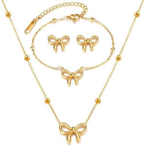 Parure Bijoux Avec N?ud Collier, Bracelet Et Boucles D&iquest;Oreilles Assortis, Style &Eacute;l&eacute;gant Et Intemporel, Confort Au Port&eacute;, Parfait Pour Tenue De Tous Les Jours, Soir&eacute;e Ou Cadeau Raffin&eacute; - Neuf