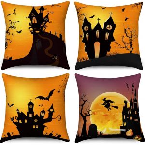 Housse de Coussin Halloween 40x40 Set de 4, Spooky citrouille pleine lune château arbre mort chauve-souris décoratif Housses de coussin noir orange lin housse de coussin pour canapé Home Decor - Neuf