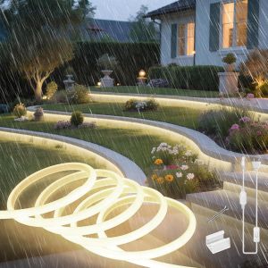 COB Neon Ruban LED Exterieur 2m, Silicone Ronde N&eacute;on Bandeau Led 220V Etanche Ignifuger IP65 Bande LEDs Flexible Blanc Chaud 3000K D&eacute;coupable Rubans &agrave; Leds 120LED/m Avec Alimentation - Neuf