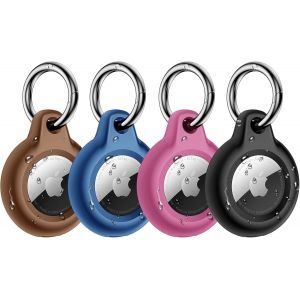 CAUC-&Eacute;tuis pour Apple Airtag Protection Int&eacute;grale [IPX8 &Eacute;tanche & Anti-Perte & Antichoc] en Couvercle TPU Solide Coque AirTags Porte Cl&eacute; pour Sacs/Chat/Chien/etc [Lot de 4] Bleu/Rose/Noir/Marron - Neuf