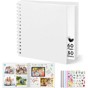 Album Photo Scrapbooking,8-Inch Album Photo Personnalisable,Carr&eacute;e Diy Livre Scrapbooking Avec 5 Autocollants,Livre D'or Anniversaire Photo Pour Mariage Et B&eacute;b&eacute;s,Blanc,60 Pages - Neuf