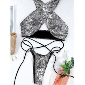 Maillot De Bain Deux Pièces En Peau De Serpent Pour Femme, Mini-Micro-Thong, Ensemble Bikini, Dos Nu, Enveloppant - Neuf