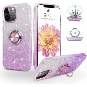 Kalanka-Coque Pour Iphone 13 Pro Max Avec Anneau Rotatif 360° Support De Voiture Magnétiqu, Paillettes Scintillantes Brillantes Etui Protection À Anti-Rayure Antichoc Housse, Dégradé Violet - Neuf